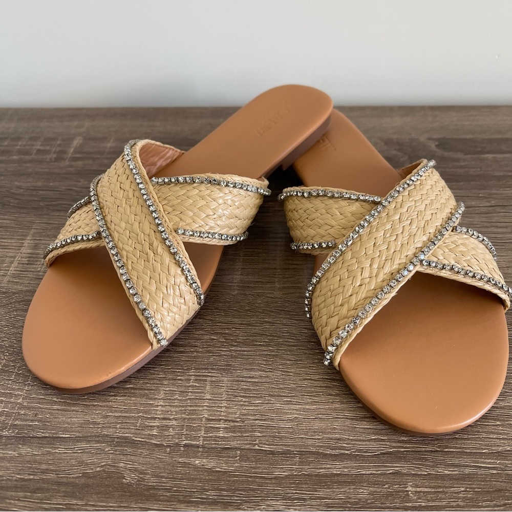 J Crew Raffia Crisscross Slide Sandals with Rhinestone Lining Size 9 NEW - Picture 2 of 12